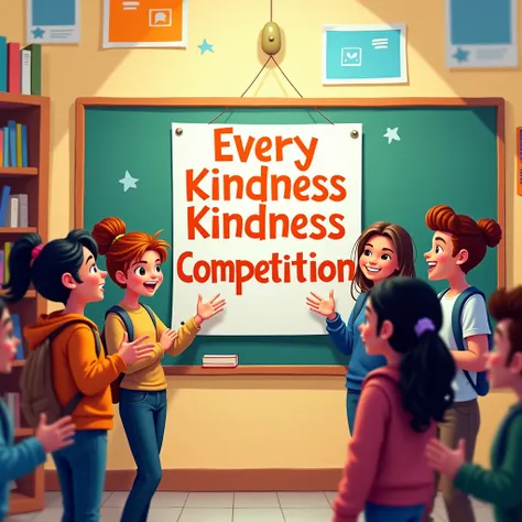  A bulletin board with the announcement of the kindness competition, surrounded by excited students.