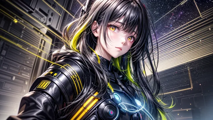 from future intelligence, technology background, complex mystery, unexpected variables, sudden result, strange things, transient waves, light fog, colorful signals, confident look, space black pioneer dress, yellow eyes, black hair