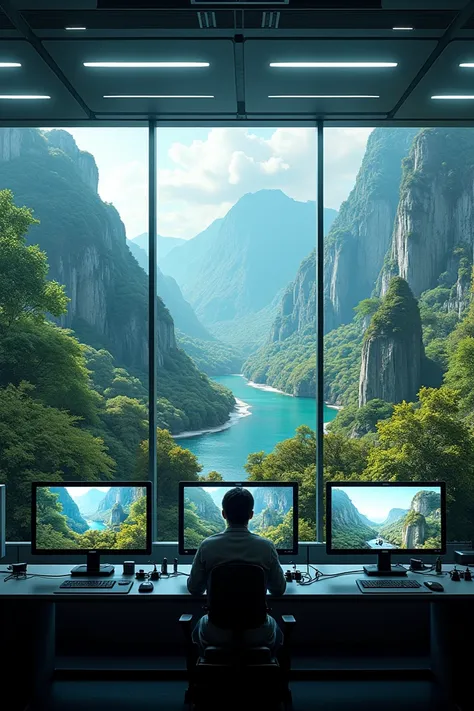 A control room with monitors showing several natural environments 