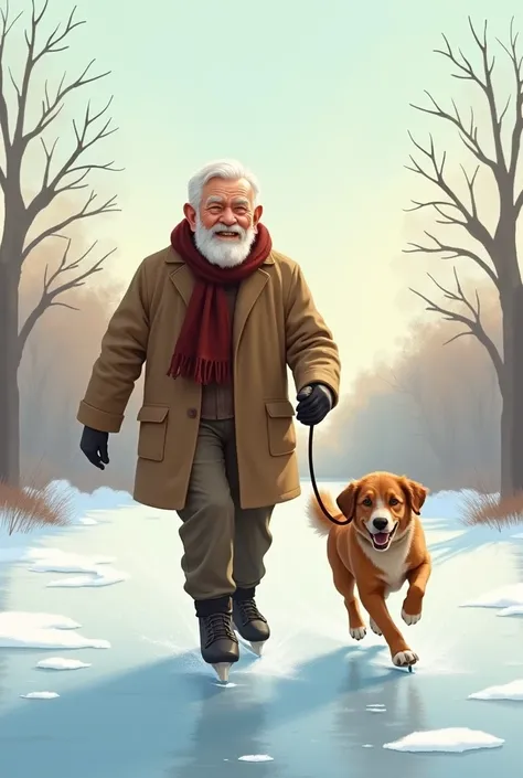 Grandpa ice skates with his dog