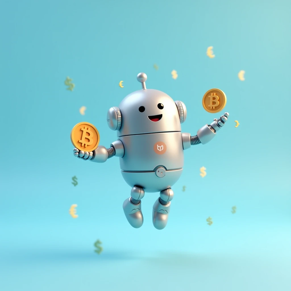 A 3D rendering of a light, glossy metallic robot with a confident oval face and oval body, floating like the reference image (no legs, clearly suspended in air) against a dynamic light blue background with subtle animated currency symbols. It holds a float...