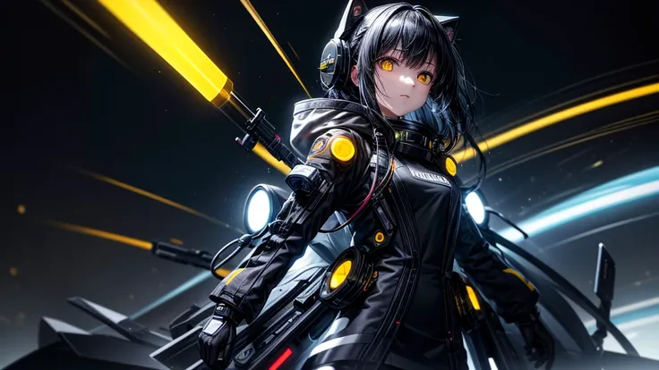 from future intelligence, technology background, complex mystery, unexpected variables, sudden result, strange things, transient waves, light fog, colorful signals, confident look, space black pioneer dress, yellow eyes, black hair