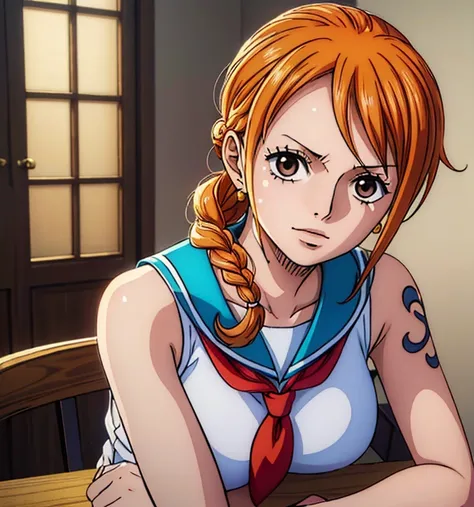 (masterpiece, top quality, 4K, 8k,     High Definition   , 最高masterpiece:1.2),   super detailed , (  realistic  , photo  realistic  , photo-  realistic  :1.37),    Maintaining Anime Style  ,   Nami in One Piece,  Light Orange Hair  , beautiful hairstyle , ...