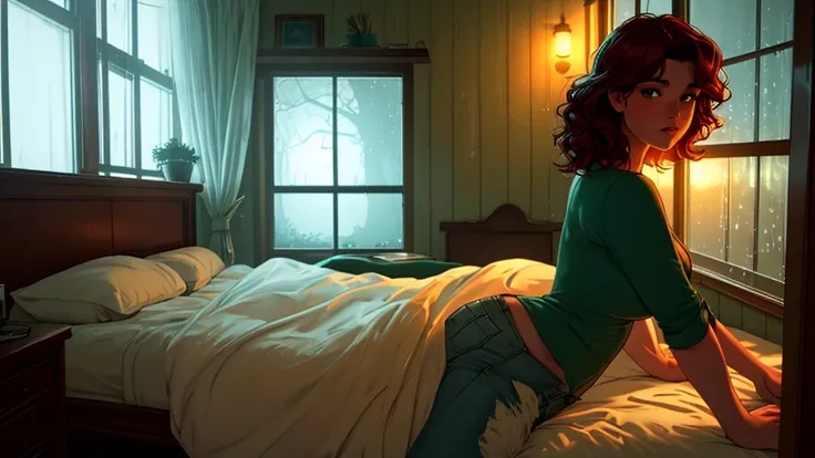 "A cozy and cinematic bedroom with a dark, rainy atmosphere featuring A woman medium boobs with short wavy auburn hair, wearing a lush green top and fit jeans laying on the bed. The room is illuminated by moody neon lights in shades of warm orange and teal...