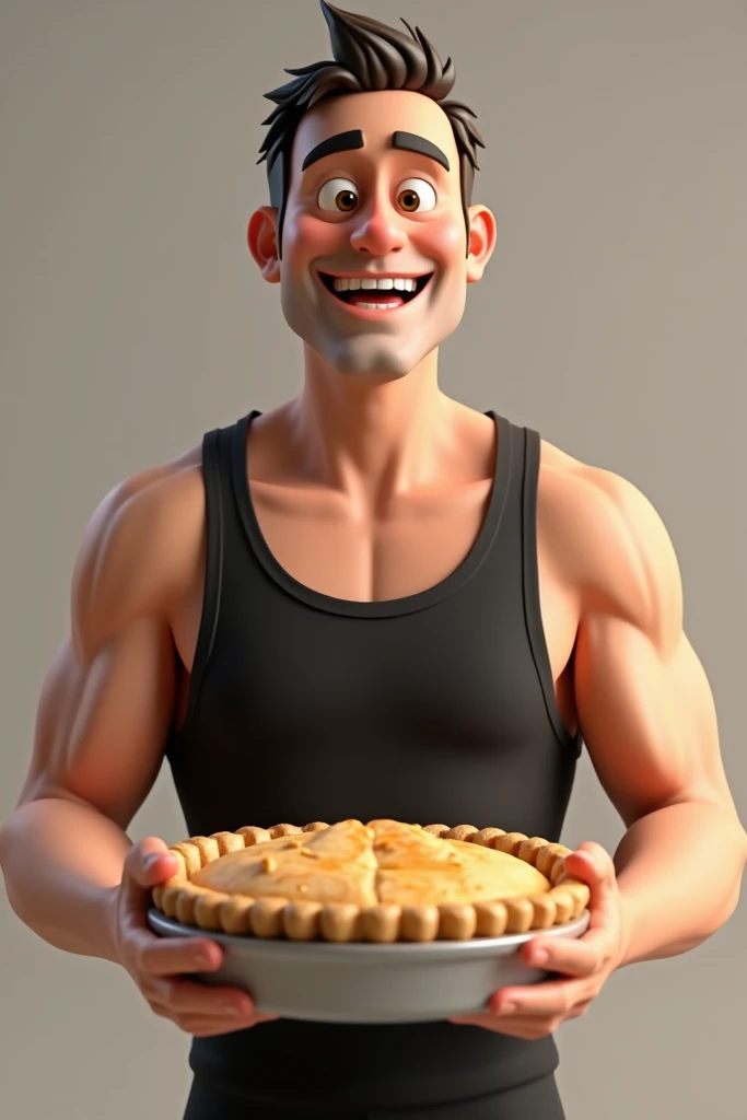 Generate an image Dr philip in a black tank top holding a pie smiling 3d rendered