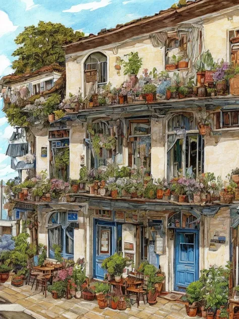 Flower store,coffee spot,tables,chairs,no one,windows,flowers,plants,potted plants,watercolor (medium),blue sky, cloudy sky, vast sky, landscapes,doors,air conditioning,paintings (medium),traditional media,houses,outdoors,balconies,architecture,masterpiece...