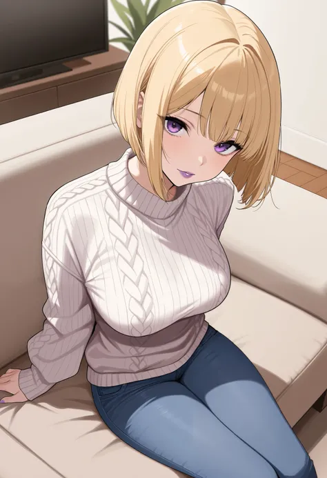 1girl, blonde, bob cut, purple eyes, purple lips, aran sweater, jeans, sitting on couch, living room, masterpiece, best quality, amazing quality, absurdres,