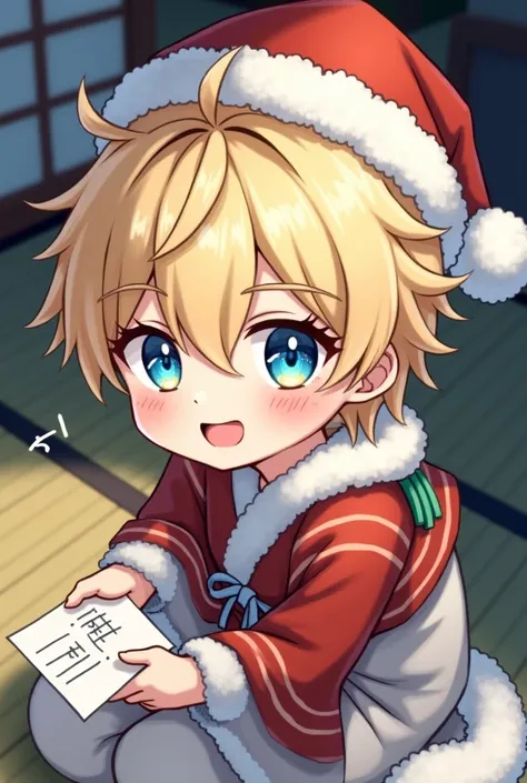  one boy,Blonde, big blue eyes ,(( little character holding paper))  rainbow heterochromia,White Kimono , new year、Relaxing in a Japanese-style room  ,smile、 fantasy Please enter text at the bottom right of the image, very popular font ,