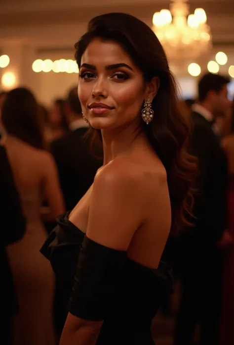 an Indian woman standing at a party wearing an elegant black dress bright light on her face