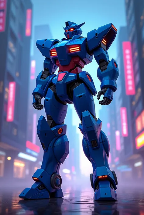 HD 4K , anime wallpaper, blue mecha warrior  , sharp neon lights , 