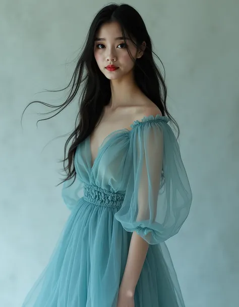  with a black long hair .Full body photo of young woman with thin chin .Egg face .Tall and slim. wearing a water blue dress.