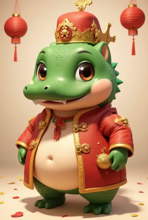 santatangsu,(a highly detailed CGI image,anthropomorphic dark green crocodile,standing character,plump and soft body,soft texture,large expressive brown eyes,pale green cheeks,Chinese red tang suit,wealthy attire,crown on head,right hand holding a gold ing...