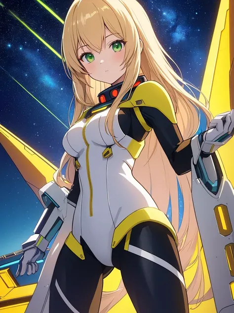 ((Masterpiece)), ((top quality)), ((very detailed)), animated style illustration, 1girl, beautiful girl, Mori Yuki costume, Space Battleship Yamato, blonde hair, long hair, green eyes, tight suit, futuristic uniform, yellow and black outfit, sci-fi setting...