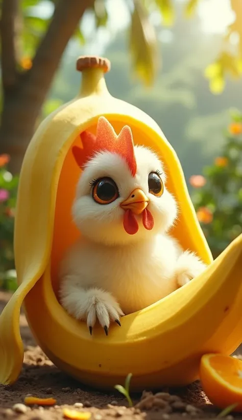 "A super cute chicken ,  with soft and detailed feathers ,  from inside a giant banana in an enchanting setting.  The chicken has big expressive eyes and a captivating expression ,  contrasting with the yellow peel of the banana ,  that is partially open a...