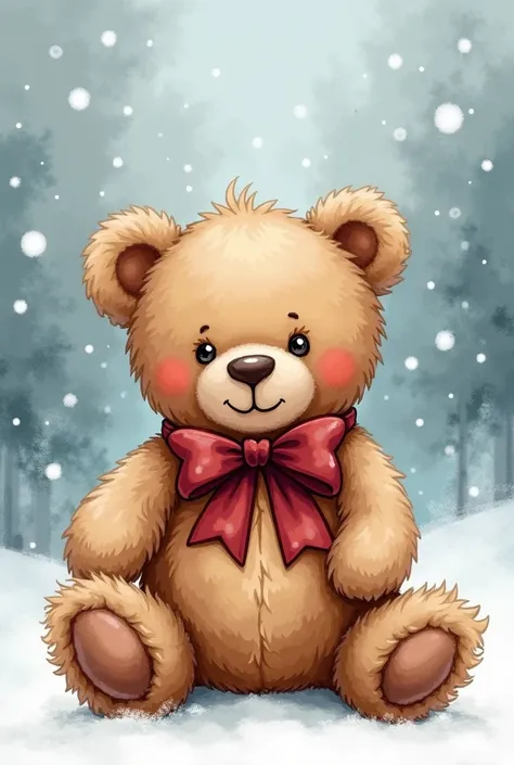 Christmas print of a brown teddy bear with a burgundy ribbon with a watercolor finish