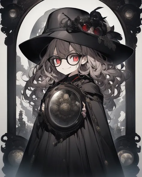 Use magic with an oval mirror 、whole body、  girl in a big hat 、 wears glasses、Traveler、Chest、 red eyes、Her hair is brown、 (black frame) glasses,  smirking 