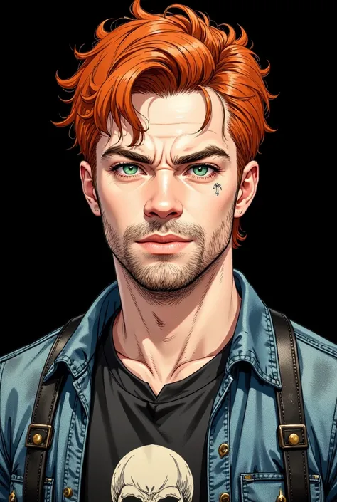 Male, 30 years old, naturally messy red hair, intense green eyes, straight nose, sharp chin, with a little stubble, a piercing on the left side of the lip, he is wearing a skull shirt and denim jacket leather, illustration style but a little dark 