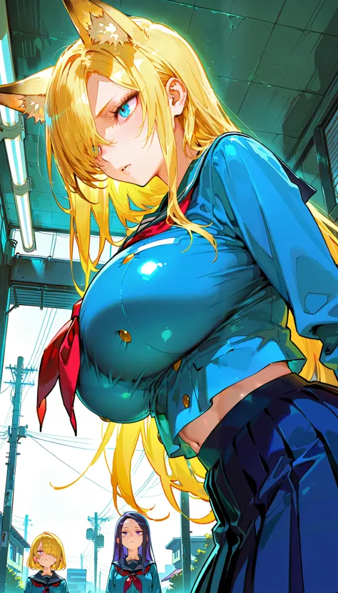 score_9, score_8_up, score_7_up,(hi-quality,high resolution),Cold Stare,(Fox Ears),(forehead,long hair over one eye),((side parted hair)),((huge breasts)),Narrow eyes,Clear Eyes,Perfect Eyes,Blonde,Long Hair,Old room,bousouzoku,((Delinquent Girl)),gal,mini...