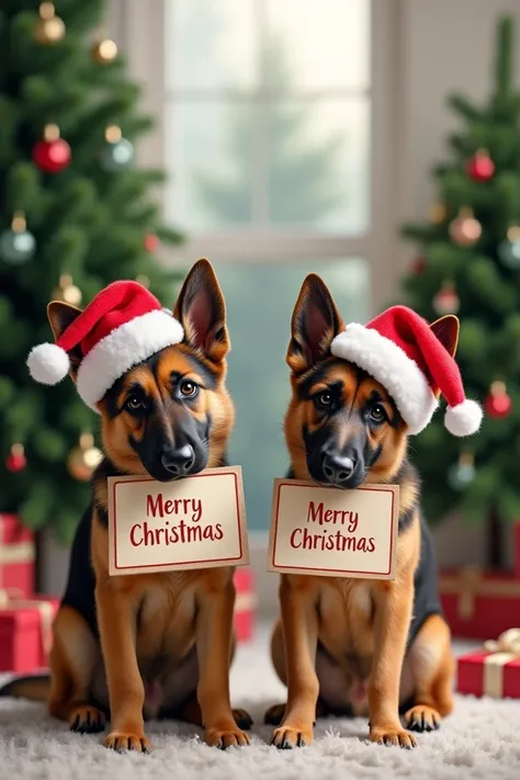  Two German shepherd dogs with Santas caps sitting each with a sign held by each ones mouth saying MERRY CHRISTMAS RUSSIAN TRAINER , with Christmas trees in the background and presents at the foot of the tree 
