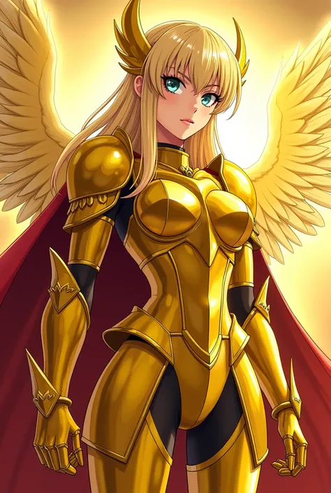 a cartoon image of a woman in a gold suit and cape, knights of zodiac girl, saint seiya, wearing gold armor, emperor of the known universe, the god emperor of mankind, golden armor wearing, wearing golden armor, gold armor, golden armor, portrait knights o...