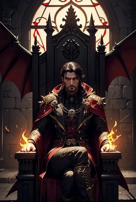 A dark and cruel-looking man with glowing red eyes and a large black wing, seated on a grand golden throne in a medieval castle. The golden throne is massive and adorned with sharp, menacing details like spikes, skull motifs, and intricate carvings of drag...