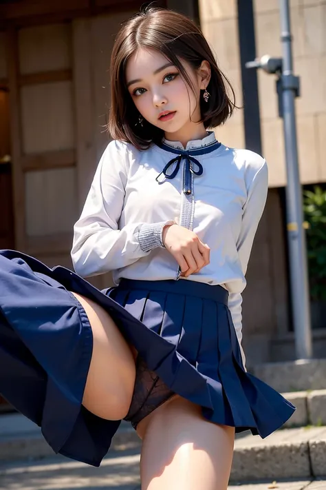 ((16K quality、 top quality 、 High Definition 、Actual photo))、 (  super real 、 photorealistic )、((  Long Shot 、 standing full body portrait ))、(((  cute uniform idol is standing on a Tokyo road and splitting her crotch on a Tokyo sidewalk)))、(((walkway 1.8)...