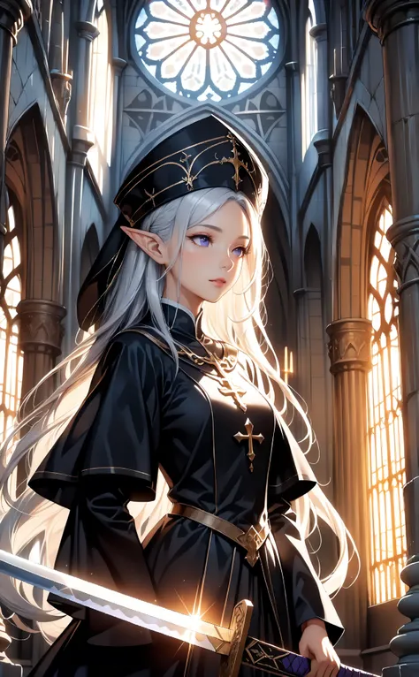 (masterpiece, ultra quality, official art, 8k, beautiful and aesthetic, extreamly detailed:1.3), (1 elf lady), solo, (cowboy shot:1.3), (Scenery inside the cathedral), sharp focus, anatomically correct, absurdres, (well-defined facial features, perfectly p...