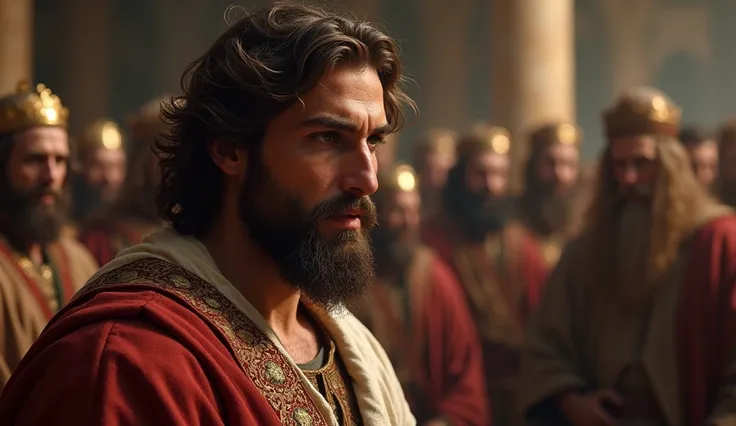 INCITE: " Close-up of Stephen in front of the Sanhedrin,   your firm and faith-filled expression  . The court in the background  ,   with judges looking sternly at  ."