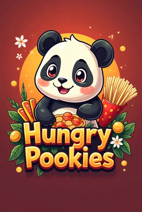 Make logo for a food stall with some food icons and a cute pand in it with high graphics, ultra hd result with the name of " Hungry Pookies"