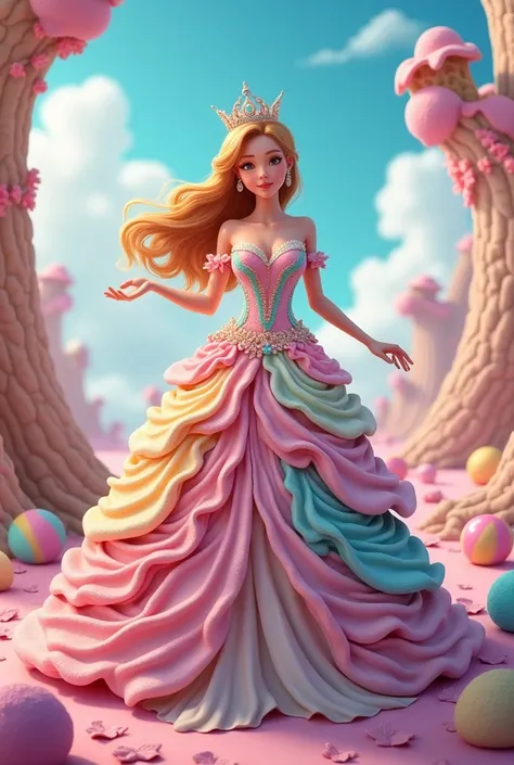  The Princess from Ice Cream Land 、 wears a dress made of colorful ice cream 、 The background is a dreamy landscape of the Ice Cream Kingdom studded with candy and chocolate decorations。The princess wears a crown 、 smiles while posing gracefully 。