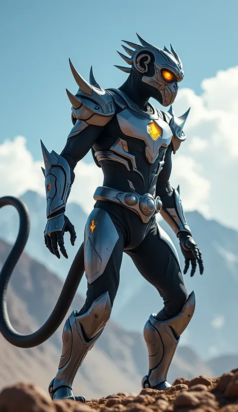 A hyper-realistic, cinematic image of a humanoid hybrid created from the fusion of a Black Power Ranger and a monkey. The character features futuristic black and silver armor with sharp, dynamic lines and accents inspired by the monkey’s agility, such as c...