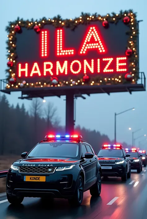 A festive Christmas-themed billboard displayed along a highway, prominently featuring bold and large text in an attractive font reading "ILA HARMONIZE" in bright red. The billboard is adorned with Christmas decorations such as lights, garlands, and ornamen...