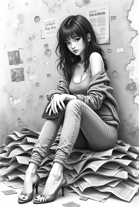 Graphite painting：1.3），Araf woman sitting with legs crossed on a pile of old newspapers，（she wears jeans），young wild asian face，A bit of a mixed race face，（Closed），（Slightly square chin：0.4），（Lazy），A bit like Vivian，perfect face，Squinty eyes，like fox eyes，...