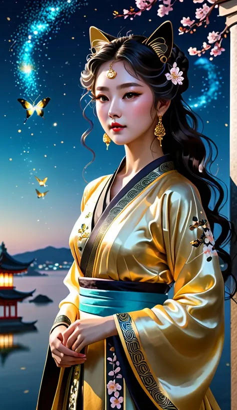 (score_9,score_8_above,score_7_above),stare,(low light:1.3), True Shadows ， Golden Hour ，  intricate details ，  ancient Greece ，Color of Wisdom | Gold Hanfu  ,  showing off sandals worthy of a light black duchess beautiful curly hair ,Beautifully with an e...