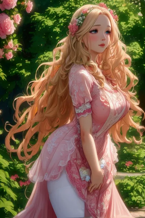 a beautiful young woman, long blonde curly hair, wearing a pink and red floral dress, white stockings, and pink ballet flats, standing in a vibrant spring park with colorful flowers and lush greenery, (best quality,4k,8k,highres,masterpiece:1.2),ultra-deta...