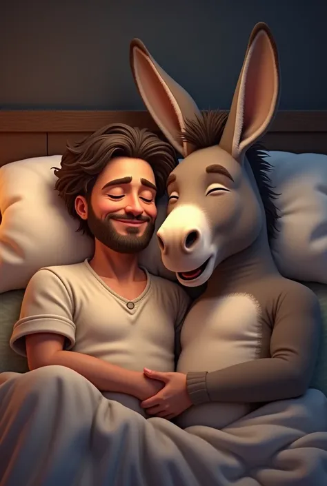 Man donkey sleeping in bed, dreaming of lots of meat