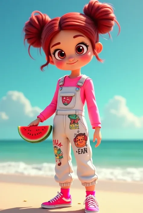 I need a cartoon character of a Pixar girl , dark red hair , two buns,  white jumpsuit with graffiti with long sleeve t-shirt Neon pink, Mallon neon pink socks neon pink shoes  , and in his hand, A watermelon 