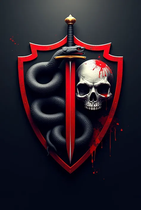 football shield,  the team is called  "Movies FC " , that has a snake , a sword ,  a skull with blood ,  and have black colors , red and white  