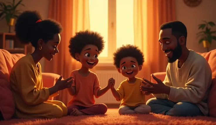  An Afro family gathered in the living room , decorated with warm and cozy tones ,  all hand in hand praying in a circle .  The ren smile at their grandparents while a soft golden light illuminates the environment. Pixar style