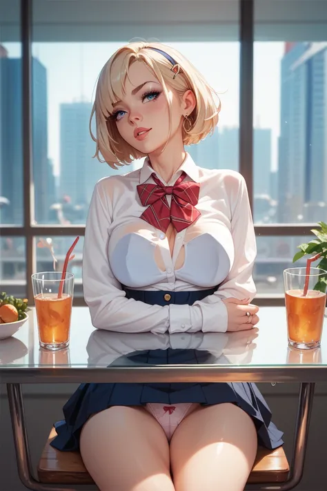 A girl sitting at a glass table with a skirt showing her panties