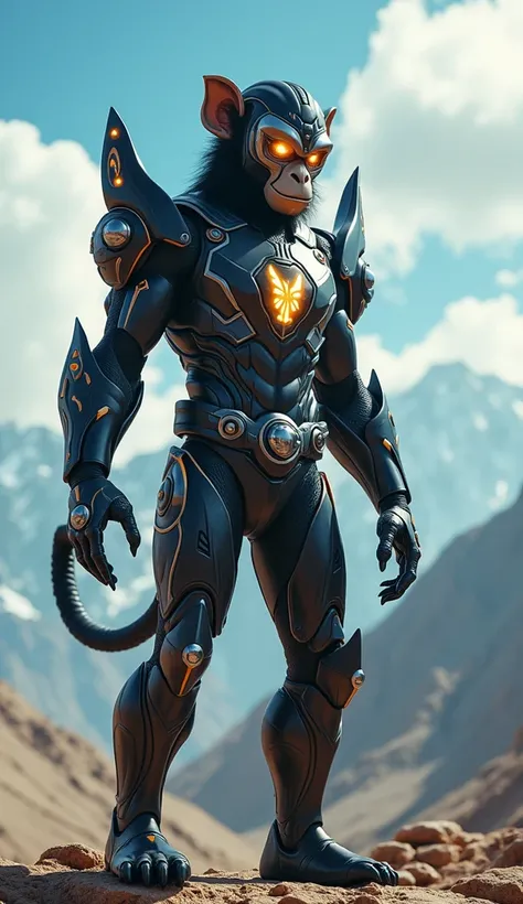 Hyper-realistic cinematic image of a humanoid hybrid created from the fusion of the Black Power Ranger and a monkey. The character features futuristic black and silver armor with sharp, dynamic lines and accents inspired by monkey agility, such as claw-lik...