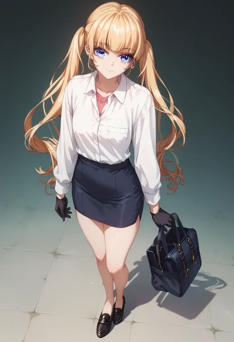 sena narumi, long hair, blue eyes, blonde hair, twintails, dress shirt, long sleeves, black gloves, black pencil skirt, bare legs, thighs, black loafers , full body shot , standing , front view, view from above