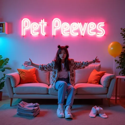 A Korean Instagram influencer photograph featuring the title "Pet Peeves" in bold, vibrant letters with a neon glow. The background is a sleek and modern living space, with bright pops of color in the furniture and decor. A young woman can be seen sitting ...