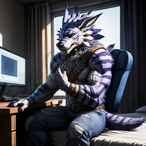 4K, high resolution, best quality, perfect colors, perfect shadow, perfect lighting, posted on e621, solo, alone, ((jeans, realistic fur, detailed wolf eyes:1.2, weregarurumon:1.3,)), epic, masterpiece:1.2, sitting on bed, detailed bedroom background, by a...