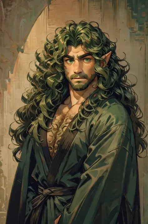 ((masterpiece)), ((one man)), man, man in late 30s, light skin, dark green eyes, detailed eyes, elve ears, dark green hair, long hair, long curly hair, ((curly hair)), curly hair, tall, handsome, mature, muscular, black kimono,
