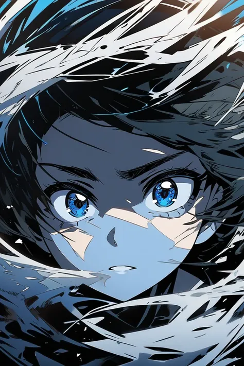 Portrait face of a girl with blue eyes and short black hair boku no hero academia anime art style