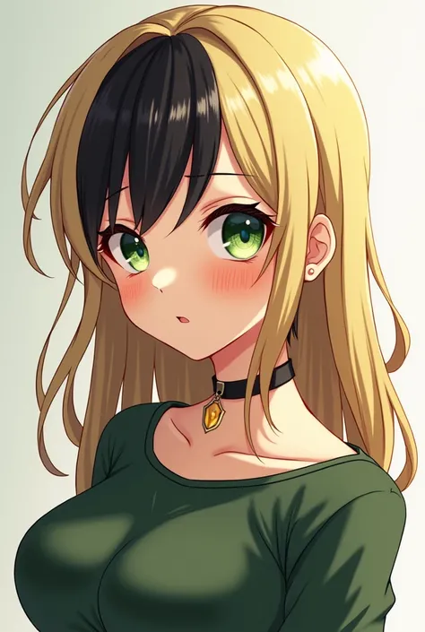 (Anime girl . Eyes: green, sharp eyes. Hair color: blond with black highlights and her bangs are black. Haircut: Layered long hair with side bangs. Body: hourglass, 5’6 and has a mole on her right lower eye,full lips.)