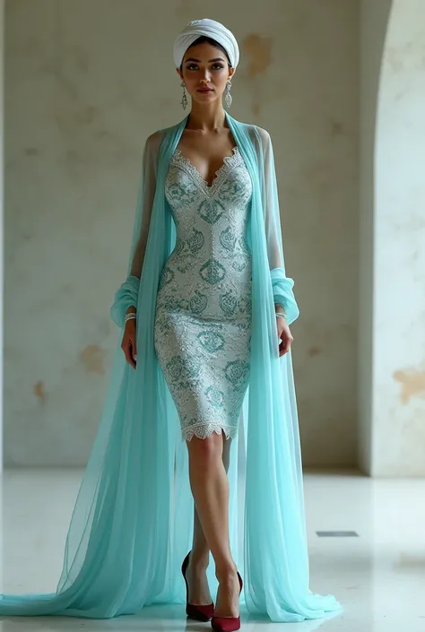 A beautiful persian woman with white bodycon with deep aqua ikat, dark red kitten heels, light blue chiffon cape, white bandana