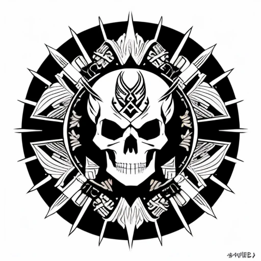   that fit within the TANEDA  、   tribal design that combines a skull with samurai helmets。Simple black and white  。   mixed tribal fire pattern   、White background、One stroke、   tattoo design   、Nice、  Odeco so they dont blend into the drawing of the  「J」...