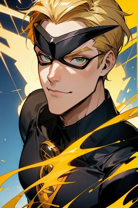 a close up of a person in a Black outfit with goggles on, wearing and black hero suit he Golden blonde hair, as an atlantean, name of the character is chad, flash, Black flash, speedster, robin, the flash, avatar image, anime style”, cyclops, lance, comic ...